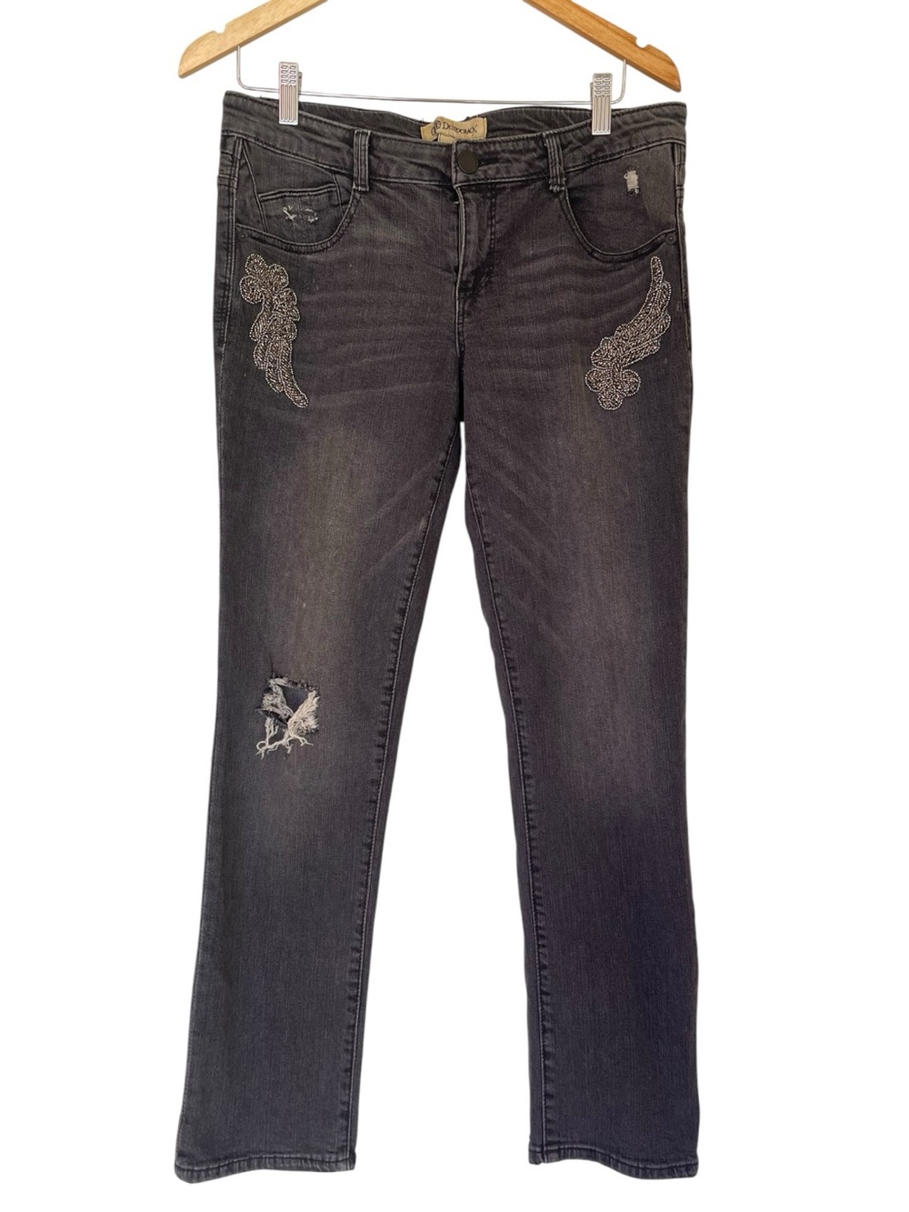 Democracy Womens Distressed Black Straight Angle Wing Detailing Jeans Sz 4